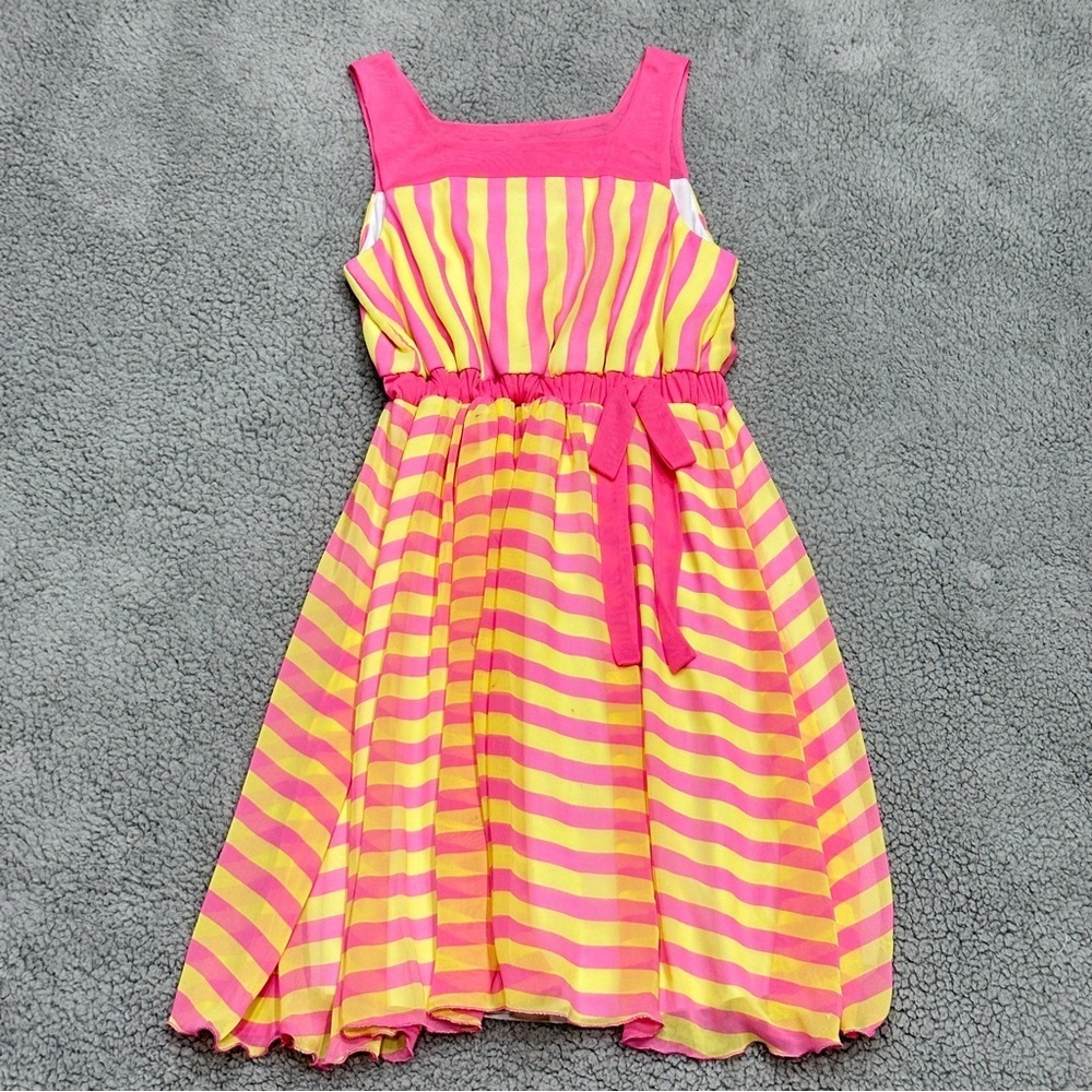 👉 Bonnie Jean Pink Yellow Stripe Dress – Size 14 Girls Summer